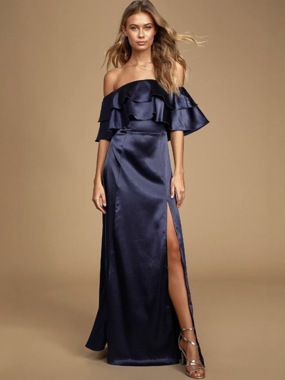 Lulus Pure Happiness Navy Blue Satin Off-the-Shoulder Maxi Dress NWT - Picture 1 of 9
